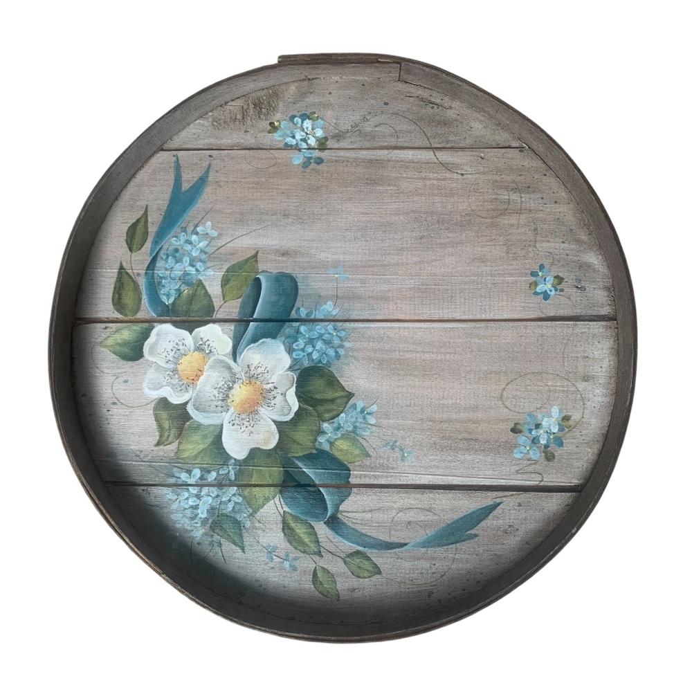 Vintage Tole Hand Painted Round Wooden Barrel Serving Tray Platter Wall Hanging